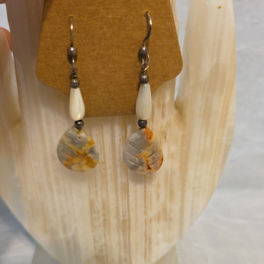 Elegant Silver and Cream Stone Dangle Earrings- VINTAGE